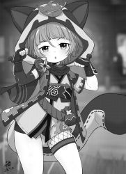 Rule 34 | 1girl, absurdres, animal ears, animal hood, arms up, bike shorts, child, clenched hands, elbow gloves, fake animal ears, fake tail, fingerless gloves, genshin impact, gloves, greyscale, highres, hood, japanese clothes, kimono, leaf, leaf on head, looking at viewer, monochrome, open mouth, paw pose, raccoon ears, raccoon tail, sayu (genshin impact), scarf, short hair, short kimono, short shorts, shorts, single elbow glove, solo, tail, thigh strap, thighs, zhainan xiao zhao