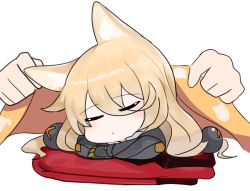 Rule 34 | 1girl, :o, animal ears, bad id, bad pixiv id, blanket, blush, chibi, closed eyes, covering with blanket, disembodied hand, dokomon, facing viewer, g41 (girls&#039; frontline), girls&#039; frontline, hair between eyes, hair ornament, highres, long hair, parted lips, simple background, sleeping, solo focus, white background