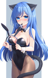 Rule 34 | 1girl, animal ears, black bow, black bowtie, black leotard, black pantyhose, blue eyes, blue hair, bow, bowtie, breasts, cat ears, cat tail, cleavage, commentary request, detached collar, fake animal ears, folding, highleg, highleg leotard, highres, leotard, long hair, looking at viewer, medium breasts, nontraditional playboy bunny, original, pantyhose, playboy bunny, rabbit ears, solo, stardrop, strapless, strapless leotard, tail, wrist cuffs