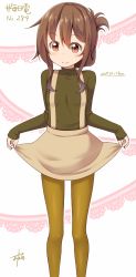 Rule 34 | 10s, 1girl, alternate costume, brown eyes, brown hair, clothes lift, folded ponytail, gurande (g-size), highres, inazuma (kancolle), kantai collection, long hair, pantyhose, skirt, skirt lift, solo, standing, suspenders, yellow pantyhose