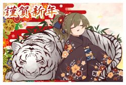 Rule 34 | 1girl, absurdres, chinese zodiac, commentary request, closed eyes, floral print, flower, green hair, hair between eyes, hair flower, hair ornament, highres, japanese clothes, kaginoni, kimono, original, pointy ears, ponytail, selenoah, sitting, sleeping, solo, tiger, tongue, white tiger, year of the tiger