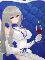 Rule 34 | 1girl, azur lane, breasts, bug, butterfly, closed mouth, cross hair ornament, cup, dress, drinking glass, elbow gloves, gloves, hair ornament, highres, holding, holding cup, insect, large breasts, long hair, looking at viewer, mole, mole under eye, motirimoti, platinum blonde hair, red eyes, saint-louis (azur lane), saint-louis (holy knight&#039;s resplendence) (azur lane), saint-louis (holy knight&#039;s resplendence) (azur lane), sitting, smile, solo, white dress, white gloves, wine glass