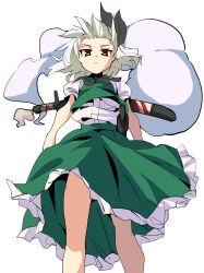 Rule 34 | 1girl, bare legs, closed mouth, expressionless, floating, floating hair, frills, ghost, green skirt, highres, hitodama, katana, konpaku youmu, konpaku youmu (ghost), looking at viewer, looking down, manarou, red eyes, scabbard, sheath, sheathed, shirt, short hair, silver hair, simple background, skirt, smile, solo, standing, sword, touhou, vest, weapon, white background, white shirt, wind
