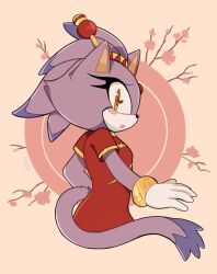 Rule 34 | 1girl, ame (beeames), animal ears, blaze the cat, cat ears, cat girl, cat tail, dress, eyelashes, forehead jewel, from side, furry, furry female, gloves, hair ornament, highres, open mouth, ponytail, purple fur, red dress, short sleeves, sonic (series), sonic forces: speed battle, tail, white gloves, yellow eyes