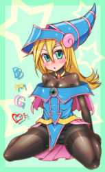 Rule 34 | 1girl, :o, blonde hair, blush stickers, bodysuit, breasts, choker, cleavage, dark magician girl, duel monster, green eyes, hat, j (shining-next), long hair, panties, pentacle, skin tight, solo, striped clothes, striped panties, underwear, wizard hat, yu-gi-oh!, yu-gi-oh! duel monsters