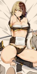 Rule 34 | 1girl, arm support, arms behind back, bad id, bad pixiv id, bare shoulders, bdsm, bed sheet, black panties, black socks, blonde hair, bondage, bound, bound ankles, bound arms, breasts, brooch, brown hair, cleavage, collarbone, cuffs, doko tetora, female focus, frown, groin, imminent rape, jewelry, kneehighs, large breasts, loose clothes, lying, multicolored hair, no shoes, off shoulder, on back, orange eyes, original, out of frame, panties, pole, restrained, shackles, single kneehigh, single sock, socks, solo focus, strapless, tube top, two-tone hair, underwear