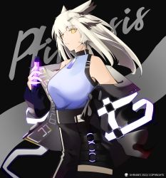 Rule 34 | 1girl, absurdres, ambience synesthesia, arknights, artist name, text background, bare shoulders, black background, black jacket, black skirt, breasts, character name, closed mouth, cowboy shot, expressionless, glowing, grey background, grey hair, high-waist skirt, highres, holding, jacket, khrnnfz, large breasts, long hair, long sleeves, looking at viewer, off shoulder, official alternate costume, open clothes, open jacket, owl ears, ptilopsis (arknights), purple shirt, shirt, skirt, solo, two-tone background, yellow eyes