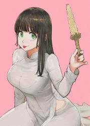 Rule 34 | 1girl, blush, breasts, brown hair, cleavage, closed mouth, commentary, corn, corn cob, cowboy shot, dress, earrings, fang, food, green eyes, hand in own hair, highres, holding, holding food, jewelry, jun (navigavi), kneeling, large breasts, long hair, long sleeves, original, pants, pink background, see-through, side slit, simple background, smile, solo, sparkling eyes, straight hair, taut clothes, tongue, tongue out, vietnamese dress, white dress, white pants