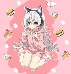 1girl ? animal_ear_fluff animal_ears ankle_scrunchie barefoot bow braid cake cake_slice cat_ears cherry collarbone commentary counter:side cupcake dot_nose drawstring fake_animal_ears food food-themed_background fruit full_body hair_between_eyes hair_bow headphones highres hood hooded_sweater icing light_blush long_hair long_sleeves looking_at_viewer marshmallow orca_(counter:side) outline paw_pose pink_background pink_bow pink_sweater pocket red_eyes s&#039;more scrunchie sitting solo spoken_question_mark sweater wariza white_hair white_outline yuu_kun33