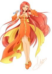 Rule 34 | 1girl, absurdres, bare shoulders, beautiful witch sakuran, dress, frilled dress, frills, full body, gloves, highres, idol, jewelry, lips, looking at viewer, mermaid melody pichi pichi pitch, microphone, necklace, orange dress, orange eyes, orange footwear, orange gloves, orange hair, orange theme, sara (mermaid melody pichi pichi pitch), signature, simple background, slippers, smile, solo, white background