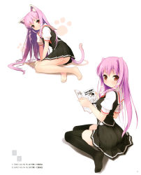 Rule 34 | 1girl, :&lt;, absurdres, animal ears, arm support, barefoot, black thighhighs, cat ears, cat tail, feet, fujoshi, highres, kantoku, long hair, looking back, magazine (object), no shoes, paw print, pink hair, pleated skirt, red eyes, school uniform, serafuku, sitting, skirt, tail, thighhighs, toes, wariza, zettai ryouiki