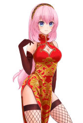 Rule 34 | 1girl, bare shoulders, blue eyes, breasts, china dress, chinese clothes, cleavage, cleavage cutout, clothing cutout, dress, elbow gloves, fishnet thighhighs, fishnets, gloves, hairband, highres, large breasts, long hair, looking at viewer, me ro, megurine luka, pelvic curtain, pink hair, side slit, smile, solo, thighhighs, very long hair, vocaloid, world&#039;s end dancehall (vocaloid)