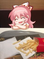 Rule 34 | 1girl, ^ ^, blush, bow, closed eyes, crossed arms, crumbs, facing viewer, food, food on face, french fries, fujiwara no mokou, hair bow, highres, jokanhiyou, long hair, mcdonald&#039;s, open mouth, photo (medium), pink hair, puffy short sleeves, puffy sleeves, shirt, short sleeves, smile, solo, suspenders, white bow, white shirt