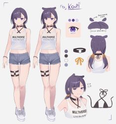 Rule 34 | absurdres, bikini, bikini under clothes, black bikini, black choker, bracelet, character sheet, choker, color guide, commentary, criss-cross halter, english commentary, expressionless, grey shorts, halterneck, highres, hololive, hololive english, jewelry, koupi (ku roiko), ku roiko, looking at viewer, low twintails, navel, o-ring, o-ring choker, o-ring thigh strap, personification, purple eyes, purple hair, short shorts, shorts, smile, swimsuit, takodachi (ninomae ina&#039;nis), thigh strap, twintails, virtual youtuber