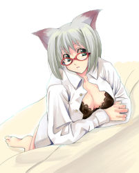 Rule 34 | 1girl, animal ears, barefoot, black bra, bra, breasts, cat ears, cleavage, glasses, green eyes, grey hair, kabocha, kabocha (monkey4), lace, lace-trimmed bra, lace trim, large breasts, lingerie, long sleeves, lying, on stomach, open clothes, open shirt, original, red-framed eyewear, shirt, short hair, solo, underwear, white shirt