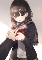 Rule 34 | 1girl, :o, bad id, bad pixiv id, black jacket, blazer, blush, bow, bowtie, breath, breathing on hands, brown background, brown hair, brown scarf, commentary request, dated, enpera, fang, fingernails, fringe trim, grey skirt, grey sweater, hair between eyes, hair ornament, hairclip, hands up, head tilt, highres, jacket, long hair, long sleeves, mafuyu (chibi21), open clothes, open jacket, open mouth, original, out of frame, plaid, plaid scarf, plaid skirt, pleated skirt, red eyes, red neckwear, scarf, skirt, solo focus, sweater, twitter username, two-tone background, white background
