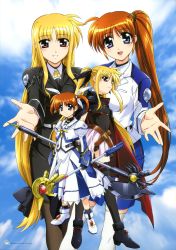 Rule 34 | 00s, 10s, 2girls, absurdres, aged down, aged up, bardiche (axe form) (nanoha), bardiche (nanoha), belt, black legwear, black ribbon, blonde hair, blue eyes, cape, covered navel, dual persona, fate testarossa, fingerless gloves, gloves, hair ornament, hair ribbon, highres, holding, holding weapon, long hair, looking at viewer, low-tied long hair, lyrical nanoha, magical girl, mahou shoujo lyrical nanoha, mahou shoujo lyrical nanoha a&#039;s, mahou shoujo lyrical nanoha strikers, mahou shoujo lyrical nanoha the movie 1st, military, military uniform, multiple girls, open mouth, pantyhose, pleated skirt, purple eyes, raising heart, raising heart (device mode) (1st), red eyes, red hair, ribbon, side ponytail, skirt, takamachi nanoha, thighhighs, uniform, very long hair, weapon, white ribbon, white skirt, wky