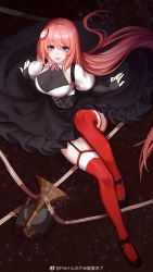 Rule 34 | 1girl, :d, ahoge, black gloves, blue eyes, breasts, bridal gauntlets, cleavage, copyright request, corset, dress, elbow gloves, fingerless gloves, from above, garter straps, gloves, hair between eyes, hair ornament, highres, large breasts, long hair, open mouth, pink hair, pre (preecho), red thighhighs, see-through, sitting, smile, solo, thighhighs, very long hair, weibo watermark, x hair ornament