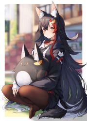 Rule 34 | 1girl, absurdres, animal ear fluff, animal ears, black choker, black hair, black hoodie, blurry, blurry background, blush, border, brown pantyhose, choker, closed mouth, commentary request, full body, highres, hololive, hood, hood down, hoodie, indian style, inre kemomimi, long hair, looking at viewer, miochun, multicolored hair, no shoes, ookami mio, ookami mio (casual), pantyhose, red hair, sitting, streaked hair, tail, two-tone hoodie, very long hair, virtual youtuber, white hoodie, wolf ears, wolf girl, wolf tail, yellow eyes