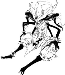 Rule 34 | 1girl, alien, battleborn, extra arms, female focus, four fingers, full body, hat, long hair, looking at viewer, monochrome, orendi (battleborn), sitting, solo, twintails, white background, witch hat