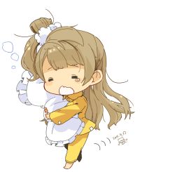 Rule 34 | 1girl, bad id, bad twitter id, brown hair, chibi, closed eyes, dated, full body, hair ornament, long hair, love live!, love live! school idol project, minami kotori, mota, one side up, open mouth, pajamas, pillow, simple background, sleepwear, solo, white background