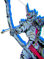 Rule 34 | aiming, armor, arrow (projectile), blue armor, blurry, bow (weapon), cowboy shot, gai (garo), garo:the one who shines in the darkness, garo (series), glaring, holding, holding weapon, horns, jewelry, red eyes, shoulder armor, simple background, solo, tokusatsu, weapon, white background, xjvm8335