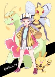 Rule 34 | 1girl, ;d, antennae, bad id, bad pixiv id, baseball cap, beedrill, blue shirt, brown eyes, casey (pokemon), character name, commentary request, creature, creatures (company), dot nose, elekid, full body, game freak, gen 1 pokemon, gen 2 pokemon, hand on own hip, hat, holding, holding megaphone, insect wings, jacket, lightning bolt symbol, long hair, meganium, megaphone, mei (maysroom), nintendo, one eye closed, open mouth, outstretched arm, pokemon, pokemon (anime), pokemon (classic anime), pokemon (creature), purple hair, shirt, shorts, smile, standing, striped clothes, striped jacket, striped shorts, twintails, white shorts, wings, yellow background, yellow jacket