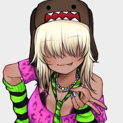 Rule 34 | 1girl, blonde hair, bra, breasts, domo-kun, hat, highres, human experiment (wwinterdotcom), jewelry, large breasts, nail polish, necklace, necktie, original, smile, solo, tan, tongue, tongue out, underwear