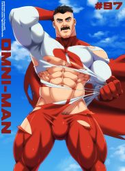 Rule 34 | 1boy, abs, absurdres, arm behind head, black hair, blue eyes, bodysuit, bulge, cape, cloud, covered erect nipples, day, facial hair, highres, invincible (series), large pectorals, looking at viewer, male focus, male pubic hair, mature male, muscular, muscular male, mustache, navel, nipples, omni-man, outdoors, paid reward available, patreon username, pectorals, pubic hair, red cape, sgt crisis, short hair, sky, solo, thick thighs, thighs, torn bodysuit, torn cape, torn clothes, twitter username, undercut