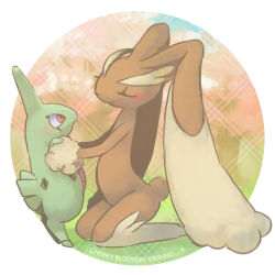 Rule 34 | age difference, animal ears, animal nose, bad id, bad pixiv id, closed eyes, couple, creatures (company), furry, furry female, furry with non-furry, game freak, gen 2 pokemon, gen 4 pokemon, height difference, hetero, interspecies, kneeling, larvitar, lopunny, nintendo, pokemon, pokemon (creature), pokephilia, rabbit ears, size difference, twintails, yorozuyo