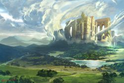 Rule 34 | castle, cloud, forest, lake, miso katsu, nature, no humans, original, outdoors, scenery, twitter username