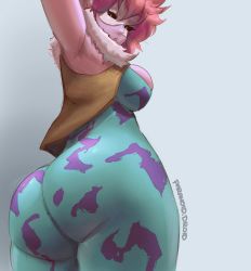 Rule 34 | 1girl, artist name, ashido mina, ass, ass focus, black sclera, bodysuit, boku no hero academia, breasts, colored sclera, colored skin, fur trim, highres, huge ass, large breasts, paranoid.droid, pink hair, pink skin, short hair, simple background, solo, thick thighs, thighs, vest, wide hips, yellow eyes