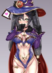 Rule 34 | 1girl, absurdres, black gloves, black hair, blue hat, blue leotard, blush, breasts, cape, cleavage, genshin impact, gloves, green eyes, hat, highres, leotard, long hair, looking at viewer, lumu yuanxiang, medium breasts, mona (genshin impact), navel, purple cape, thighlet, thighs, twintails, witch hat
