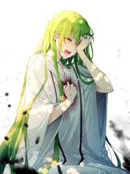 Rule 34 | 1boy, absurdres, androgynous, blood, blood on clothes, blurry foreground, collarbone, crying, dress, ede, enkidu (fate), closed eyes, fate/strange fake, fate (series), green hair, highres, long hair, male focus, open mouth, simple background, sitting, solo, straight hair, tears, trap, very long hair, white background, white dress, wide sleeves