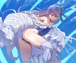 Rule 34 | 1girl, :q, armor, ass, bare shoulders, black choker, blue eyes, blue one-piece swimsuit, blue ribbon, blush, bow (bhp), breasts, choker, collarbone, fate/grand order, fate (series), frilled one-piece swimsuit, frills, greaves, hair ribbon, highleg, highleg swimsuit, licking lips, long hair, long sleeves, looking at viewer, meltryllis, meltryllis (fate), meltryllis (swimsuit lancer) (fate), meltryllis (swimsuit lancer) (second ascension) (fate), off-shoulder one-piece swimsuit, off shoulder, one-piece swimsuit, prosthesis, prosthetic leg, puffy sleeves, purple hair, ribbon, sleeves past fingers, sleeves past wrists, small breasts, smile, solo, swimsuit, thighhighs, thighs, tongue, tongue out, very long hair, water, white ribbon, white thighhighs