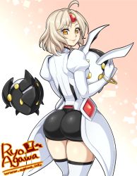 Rule 34 | 1girl, agawa ryou, ahoge, artist name, ass, bad id, bad tumblr id, blonde hair, breasts, brown eyes, curvy, elbow gloves, eve (elsword), from behind, gloves, looking at viewer, looking back, medium breasts, moby (elsword), remy (elsword), short hair, skin tight, smile, solo, thighhighs, thighs, watermark, web address, white gloves, white thighhighs