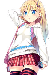Rule 34 | 1girl, bag, bare shoulders, blonde hair, blue eyes, cellphone, earrings, eyebrows, hair ribbon, hand on own head, highres, jewelry, long hair, long sleeves, looking down, open mouth, original, phone, pleated skirt, revision, ribbon, simple background, skirt, smartphone, solo, striped clothes, striped thighhighs, thighhighs, white background, yan (nicknikg), zettai ryouiki