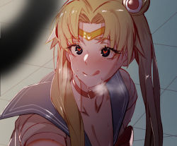 Rule 34 | 1boy, 1girl, bad id, bad twitter id, bishoujo senshi sailor moon, blonde hair, blue eyes, blue sailor collar, blush, breasts, choker, circlet, cleavage, collarbone, crescent, crescent earrings, derivative work, diadem, double bun, earrings, hair bun, hair over shoulder, heart, heart-shaped pupils, heart choker, hxd, jewelry, leaning forward, long hair, looking away, medium breasts, meme, naughty face, out of frame, parted bangs, penis, penis shadow, red choker, sailor collar, sailor moon, sailor moon redraw challenge (meme), sailor senshi, sailor senshi uniform, screenshot redraw, smile, sweat, symbol-shaped pupils, tongue, tongue out, tsukino usagi, twintails, upper body