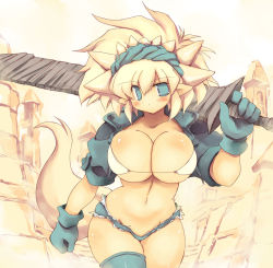 Rule 34 | 1girl, animal ears, bikini, bikini top only, blonde hair, blue eyes, blue thighhighs, blush, breasts, bursting breasts, castle, cleavage, curvy, cutoffs, gloves, jacket, large breasts, midriff, mountain, open clothes, open jacket, original, revealing clothes, sakaki (noi-gren), shiny skin, short shorts, shorts, single thighhigh, skindentation, sleeves rolled up, solo, swimsuit, sword, tail, thighhighs, tower, undersized clothes, walking, weapon
