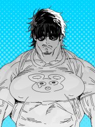 Rule 34 | 1boy, bara, covered erect nipples, facial hair, glasses dilf (mabataki), goatee stubble, greyscale, greyscale with colored background, highres, large pectorals, long sideburns, looking at viewer, mabataki, male focus, mature male, monochrome, muscular, muscular male, mustache stubble, original, pectorals, pout, print shirt, shirt, short hair, sideburns, solo, stubble, sunglasses, thick eyebrows, tight clothes, tight shirt, undersized clothes, upper body