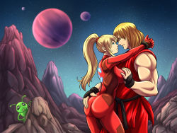 Rule 34 | 1boy, 1girl, 1other, absurdres, alien, ass grab, blonde hair, blue eyes, bodysuit, grabbing another&#039;s breast, dougi, eye contact, from side, grabbing, groping, hands on ass, hetero, highres, holding, ken masters, long hair, looking at another, metroid, nintendo, non-web source, outdoors, planet, planetes, ponytail, samus aran, self-upload, sky, smile, space, standing, star (sky), starry sky, street fighter, super smash bros., zero suit