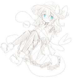 Rule 34 | 1girl, absurdres, blouse, blue eyes, blush, boots, bow, bright pupils, closed mouth, dutch angle, expressionless, eyeball, frilled shirt collar, frilled skirt, frilled sleeves, frills, full body, furobai (onunku), hat, hat bow, hat ribbon, heart, heart of string, highres, knees up, komeiji koishi, long sleeves, looking to the side, medium hair, own hands together, ribbon, shirt, simple background, sitting, skirt, sleeves past fingers, sleeves past wrists, solo, spot color, thighhighs, third eye, touhou, wavy hair, white background, white pupils, wide sleeves