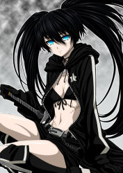 Rule 34 | 10s, 1girl, belt, bikini, bikini top only, black bikini, black hair, black rock shooter, black rock shooter (character), blue eyes, boots, chain, female focus, gradient background, isse, navel, scar, shorts, solo, swimsuit, sword, twintails, weapon