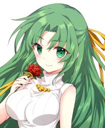 Rule 34 | 1girl, blush, breasts, closed mouth, commentary request, eyelashes, eyes visible through hair, flower, green eyes, green hair, hair ribbon, half updo, hand up, higurashi no naku koro ni, holding, holding flower, large breasts, long hair, looking at viewer, parted bangs, red flower, red rose, ribbed sweater, ribbon, rose, sidelocks, simple background, sleeveless, sleeveless turtleneck, smile, solo, sonozaki shion, suzuragi karin, sweater, turtleneck, turtleneck sweater, very long hair, white background, yellow ribbon