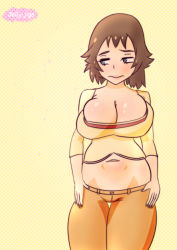 Rule 34 | 1girl, arms at sides, artist name, bad anatomy, blouse, breasts, brown hair, cowboy shot, embarrassed, haha musume donburi, hands on own hips, jellyjigs, large breasts, legs together, mature female, midriff, muffin top, navel, orange pants, pants, plump, polka dot, polka dot background, poorly drawn, red shirt, sakie (haha musume donburi), self-upload, shirt, sideways glance, solo, sparkle, standing, thighs, yellow background, yellow shirt