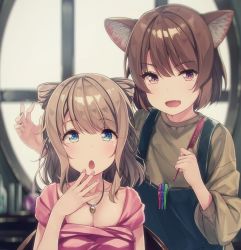 Rule 34 | 2girls, :d, :o, animal ears, apron, bad id, bad twitter id, black nails, blue eyes, blurry, blurry background, bob cut, brown hair, cat ears, comb, commentary request, fang, hair ears, hair ornament, hairclip, hairdressing, hand to own mouth, holding, jewelry, light brown hair, multiple girls, nail polish, open mouth, original, pendant, pink nails, purple eyes, short hair, siva (executor), smile, unworn hair ornament, unworn hairclip, upper body, wavy hair
