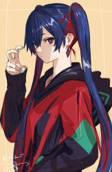 Rule 34 | 1girl, alternate hair length, alternate hairstyle, bent v, black jacket, blue eyes, blue hair, blue nails, closed mouth, colored inner hair, commentary, diamond earrings, earrings, from side, hand in pocket, hand up, highres, hood, hooded jacket, isshiki (ffmania7), jacket, jewelry, kamitsubaki studio, light blush, long hair, long sleeves, multicolored clothes, multicolored eyes, multicolored hair, multicolored jacket, red eyes, red hair, red jacket, rim (kamitsubaki studio), simple background, solo, symbol-only commentary, twintails, upper body, virtual youtuber, yellow background, yellow pupils