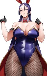 Rule 34 | 1girl, absurdres, animal ears, bare shoulders, black gloves, blue hair, bow, bowtie, breasts, cleavage, detached collar, fake animal ears, fate/grand order, fate (series), fishnet pantyhose, fishnets, gloves, highres, large breasts, leotard, long hair, looking at viewer, minamoto no raikou (fate), pantyhose, playboy bunny, purple eyes, rabbit ears, red bow, red bowtie, revision, simple background, solo, thighs, white background, yoshio (55level)