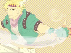 Rule 34 | 1boy, bad id, bad pixiv id, battle tendency, bubble, caesar anthonio zeppeli, checkered background, cropped jacket, facial mark, feathers, fighting stance, fingerless gloves, gloves, green eyes, green gloves, green jacket, head wings, headband, hid009, jacket, jojo no kimyou na bouken, male focus, pants, ribbon, scarf, solo, studded jacket, tight clothes, white pants, wings, zigzag