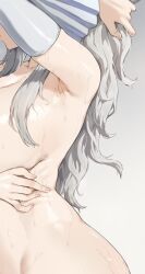 Rule 34 | 1girl, arm under breasts, arm up, armpits, breasts, chin, collarbone, creatures (company), curvy, detached sleeves, dripping, eri (pokemon), fingernails, game freak, gradient background, grey background, grey hair, hand in own hair, highres, huge breasts, jtveemo, long hair, nintendo, nude, pokemon, pokemon sv, profile, shiny skin, simple background, solo, wet